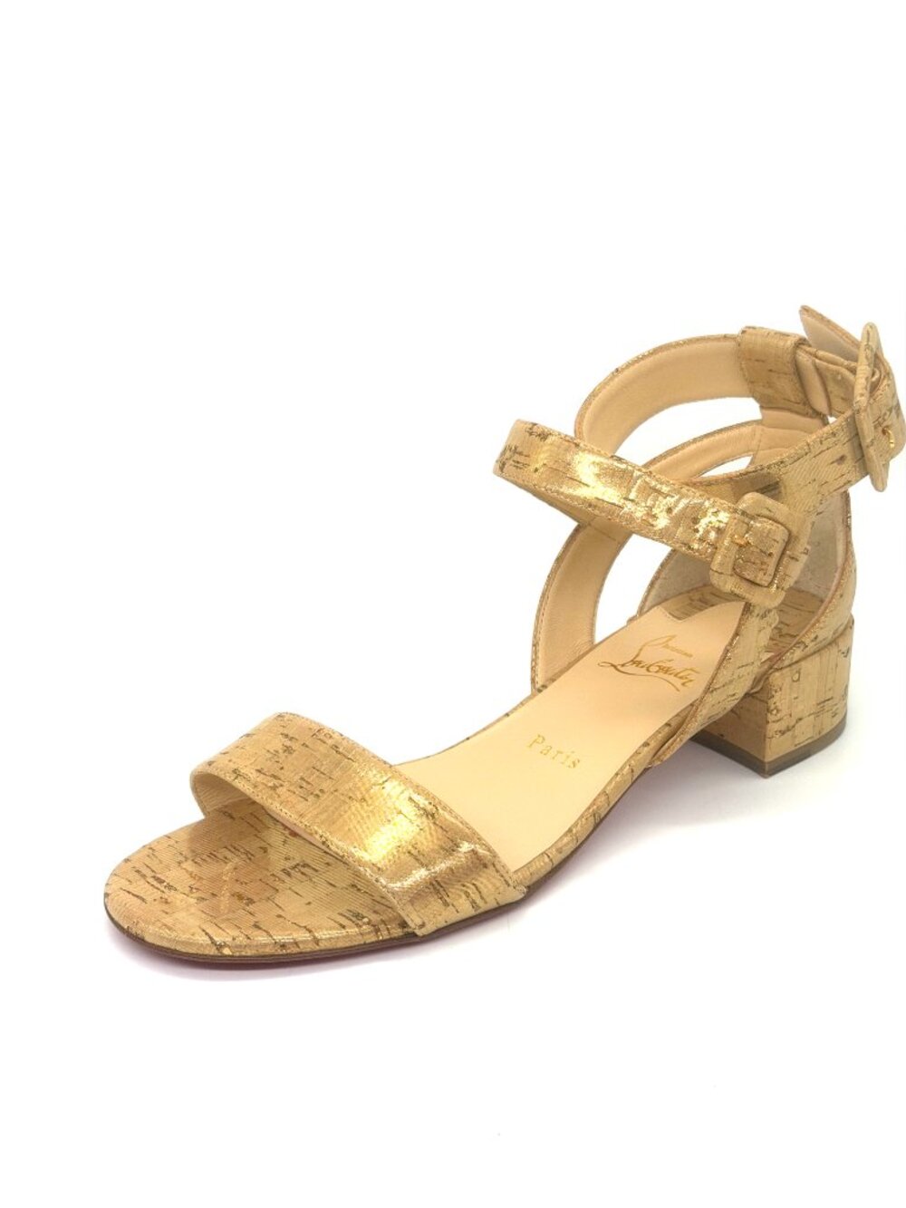Christian Louboutin MULTIPOT 25 Cork Block Heel Strappy Sandals Shoes Gold